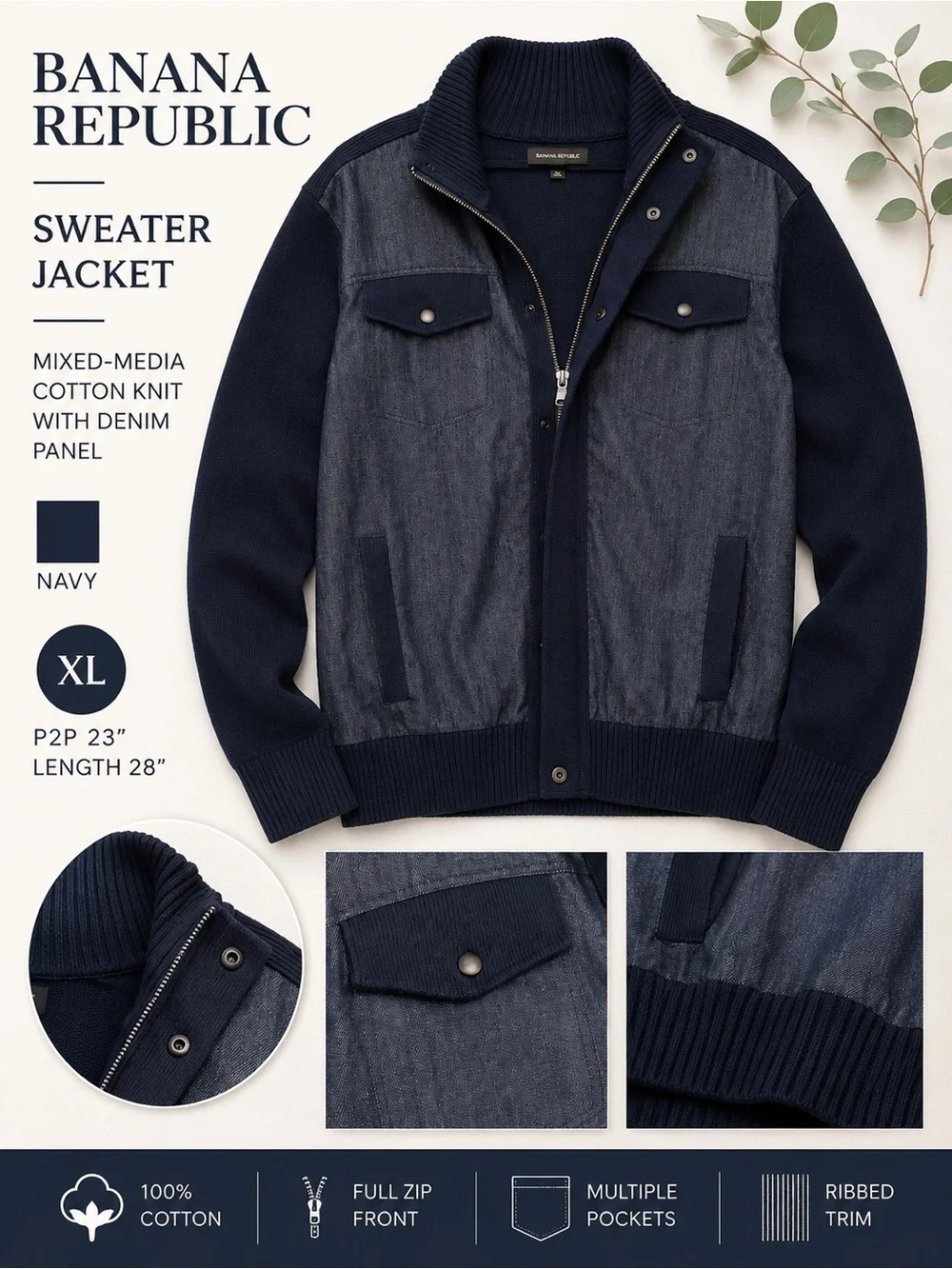 Banana Republic Men's Navy Mixed-Media Sweater Jacket Full Zip Size XL